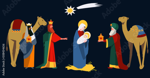 Cute flat illustration of three Wise Men Kings who warship Baby Jesus and Virgin Mary with gifts in nativity scene at Christmas. Melchior, Caspar and Balthazar. Spanish tradition Día de Reyes Magos