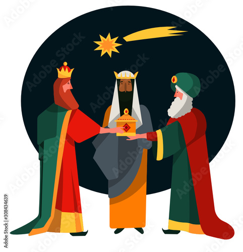 Cute festive Christmas illustration of Three Wise Men Kings with gifts for Baby Jesus in Nativity. Melchior, Caspar, Gaspar and Balthazar. Spanish tradition Dia de los Reyes Magos