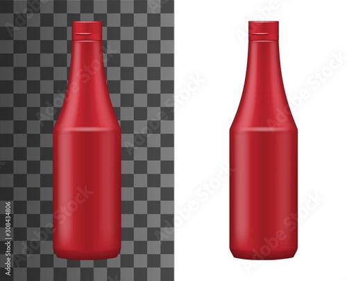 Ketchup bottle realistic packaging template isolated on white and transparent. Vector red plastic container with cap, tomato juice or ketchup sauce. Hot chili spicy sauce icon mockup template
