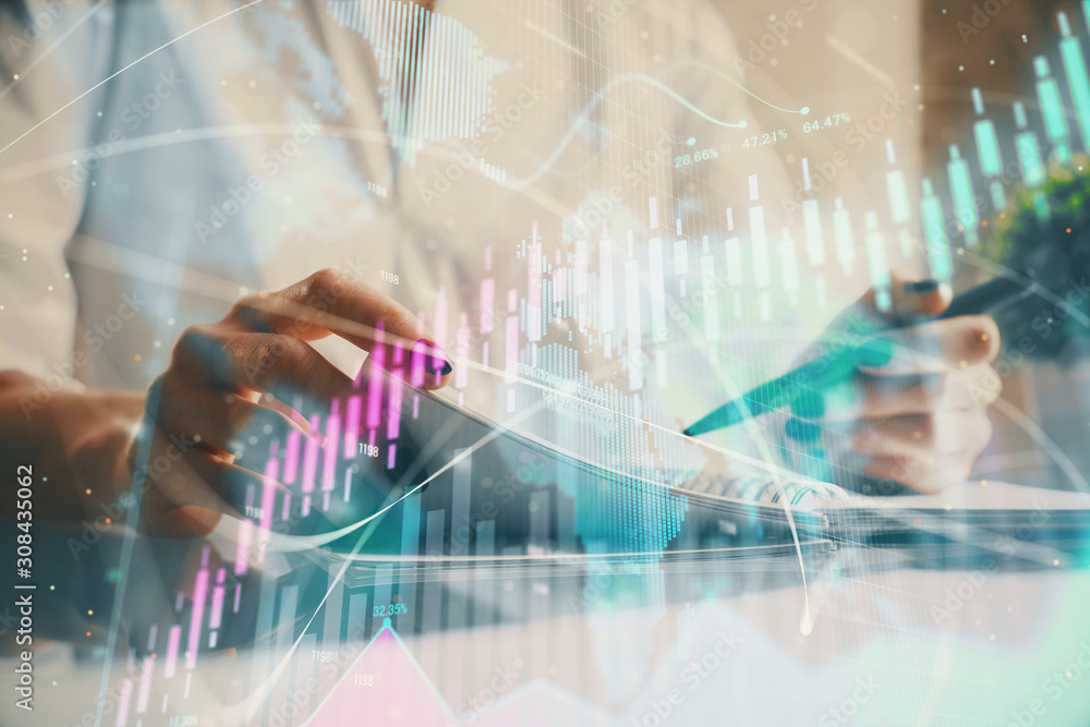 Financial chart drawn over hands taking notes background. Concept of research. Multi exposure Financial chart drawn over hands taking notes background. Concept of research. Multi exposure