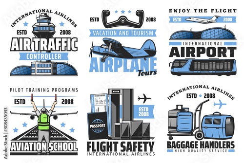 Airport and international airlines, airplane, boarding pass isolated icons. Vector air traffic controller, aviation school and safety flights. Baggage handlers, air transport, bus and steering wheel