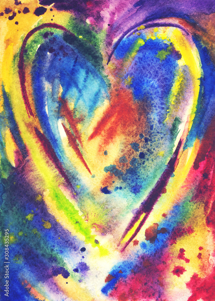 Multi-colored heart, abstract painting, watercolor in an expressive manner, postcard to the day of St. Valentine and romantic events, picture for the interior, poster, graphic print.
