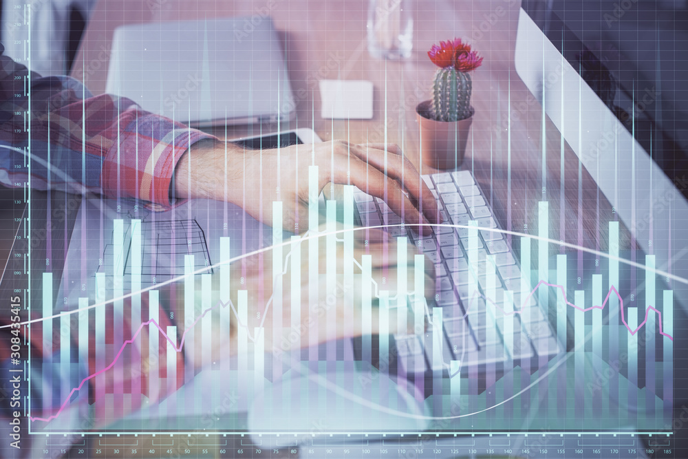 Double exposure of stock market chart with man working on computer on background. Concept of financial analysis. Double exposure of stock market chart with man working on computer on background. Concept of financial analysis.