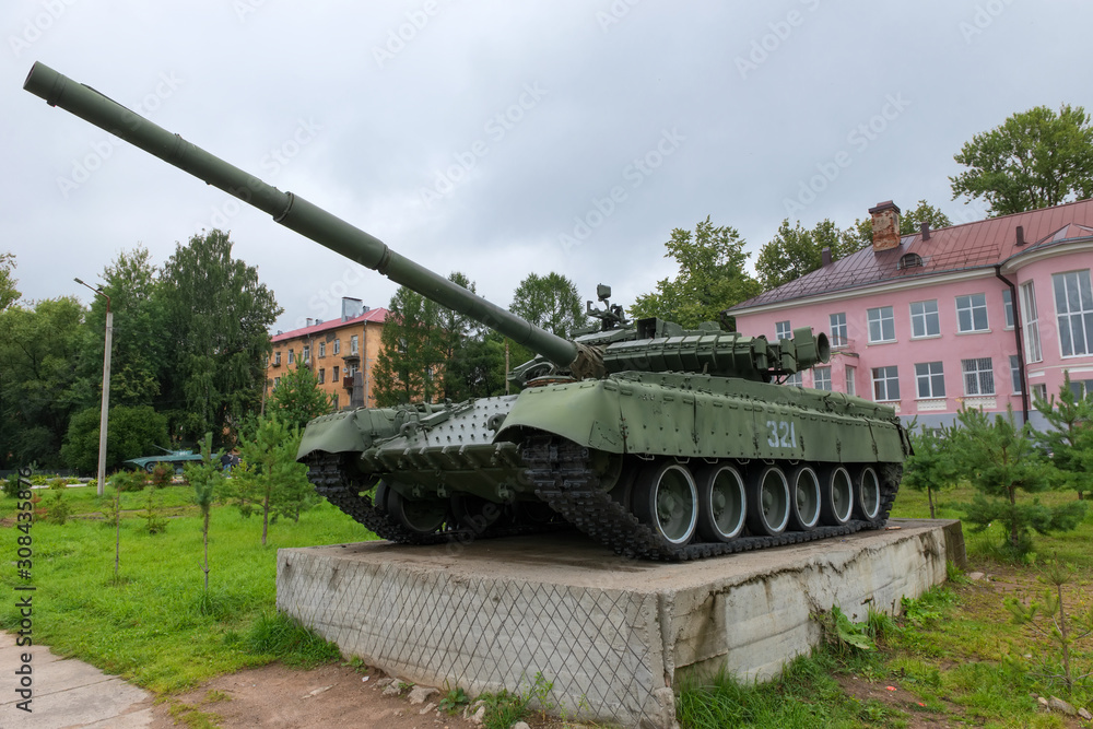 BOLOGOYE, RUSSIA - AUGUST 8, 2019: Military equipment in the park near the monument to those who fought and died in World War II. Tver region, Russia
