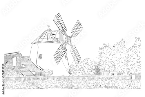 Windmill  isolated vector pen drawing  line art. Outlines illustration