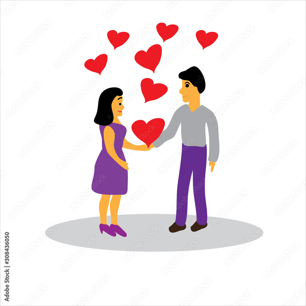 A pair of young men and red hearts. A man and a woman in love holding hands on a white background. Valentine's day. Vector illustration in flat style