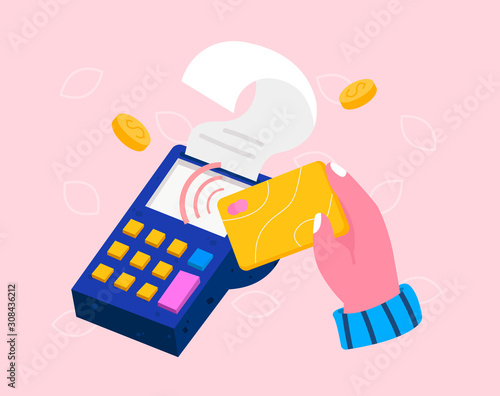 Isometric pos terminal with hand holding bank debit or credit card. Contactless payment concept, point of sale payment machine, NFC chip technology. Colorful modern vector illustration 