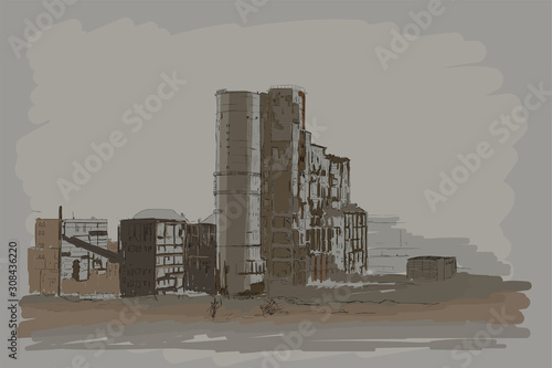 Vector industrial landscape with ruined factory buildings.
