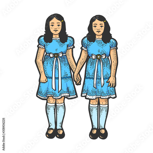 Twins girls like in horror movie sketch engraving vector illustration. T-shirt apparel print design. Scratch board imitation. Black and white hand drawn image.