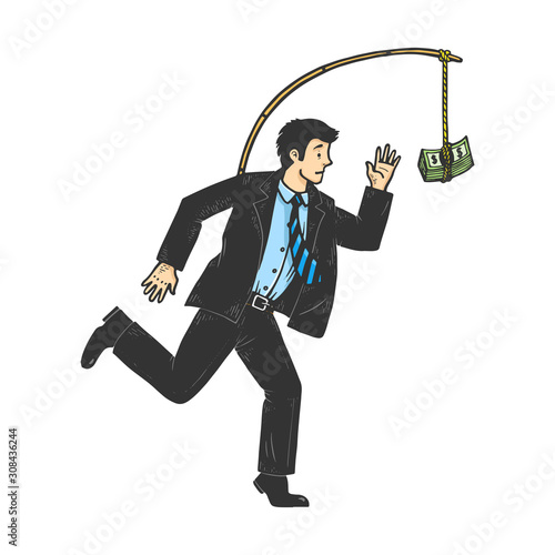 Businessman chasing money that is tied to him sketch engraving vector illustration. Metaphor of hedonic treadmill. T-shirt apparel print design. Scratch board style imitation.