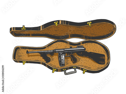 Thompson submachine gun in violin case sketch engraving vector illustration. T-shirt apparel print design. Scratch board style imitation. Black and white hand drawn image.