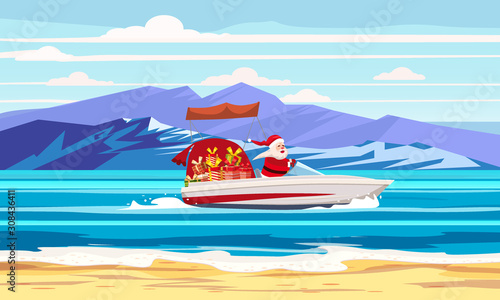 Merry Christmas Santa Claus on speed boat on ocean sea tropical island mountains seaside