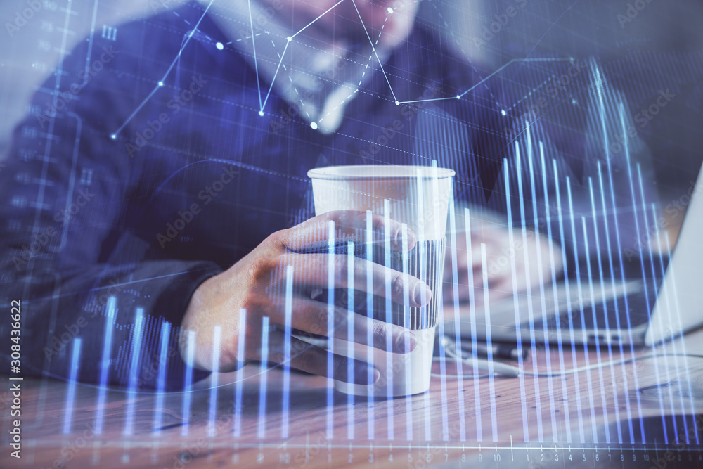 Forex graph with businessman working on computer in office on background. Concept of hardworking. Closeup. Multi exposure. Forex graph with businessman working on computer in office on background. Concept of hardworking. Closeup. Multi exposure.