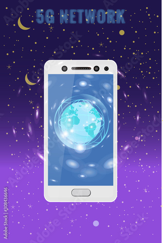 5G internet new mobile wireless technology wifi connection. Smartphone with Earth planet