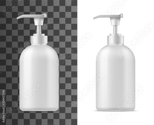 Plastic bottle with dispenser, cosmetics mockup isolated on white and transparent. Vector body lotion or shower gel, liquid soap blank packaging. Skin care moisturizer cream in pack with pump