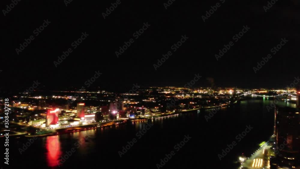USA Michigan Detroit DJI Mavic flying over Detroit River / Downtown Detroit / Windsor on a dark, cold, winter, morning at Sunrise USA Michigan Detroit DJI Mavic flying over Detroit River / Downtown Detroit / Windsor on a dark, cold, winter, morning at Sunrise