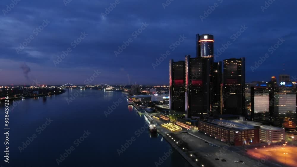 USA Michigan Detroit DJI Mavic flying over Detroit River / Downtown Detroit / Windsor on a dark, cold, winter, morning at Sunrise USA Michigan Detroit DJI Mavic flying over Detroit River / Downtown Detroit / Windsor on a dark, cold, winter, morning at Sunrise