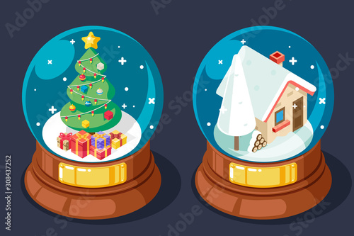 Isometric chrismas snow covered homely cozy house tree gift box glass ball flat design vector illustration