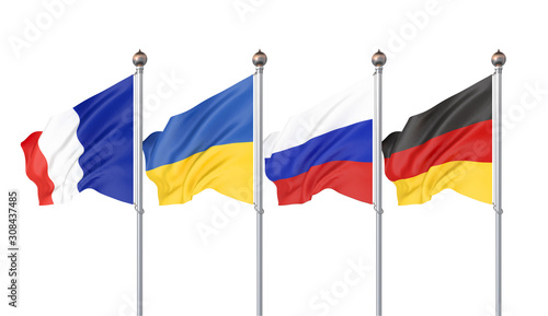 Flags of France, Germany, Russia, and Ukraine. Normandy Format meeting on eastern Ukraine. Paris, France — 9 December 2019. 3D illustration. Isolated on white.