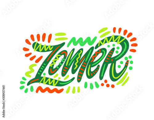 Zomer - Summer in Dutch. Hand Lettering word. Handwritten modern brush typography sign. Greetings for icon, logo, badge, cards, poster, banner, tag. Colorful Vector illustration photo