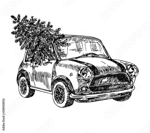 Retro mini car with Christmas tree. Line art style.