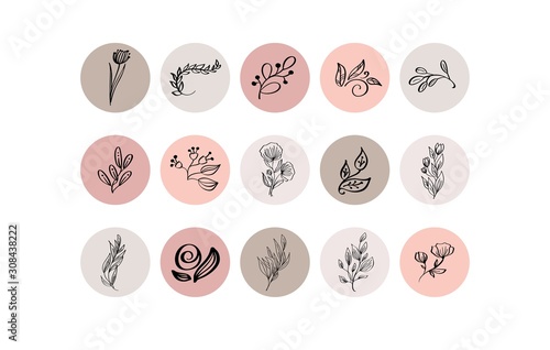 Highlight Cover Icon. Highlight Story Natural. Hand Drawn Floral Logo. Logo Template for photographer, fashion blogger, yoga studio. Monoline style Herb. Botanical Floral Illustrations