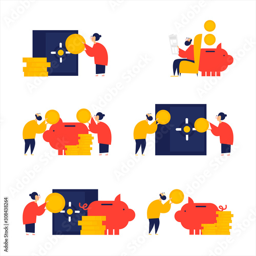Pensioners accumulate money, cash savings. Flat style vector illustration.	