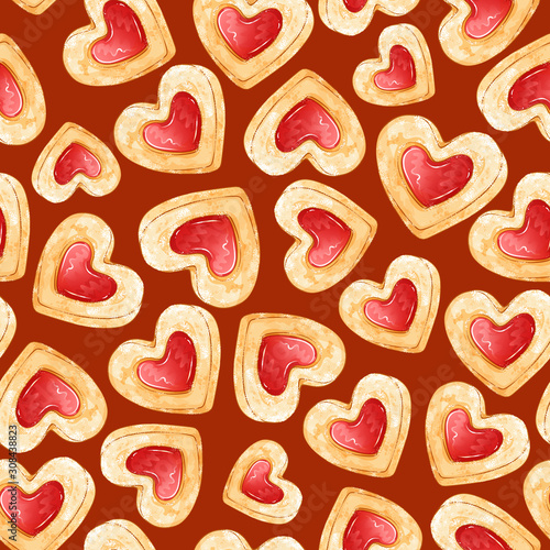 Seamless vector pattern of shortbread cookies in the form of hearts with jam. Background for Valentines Day.