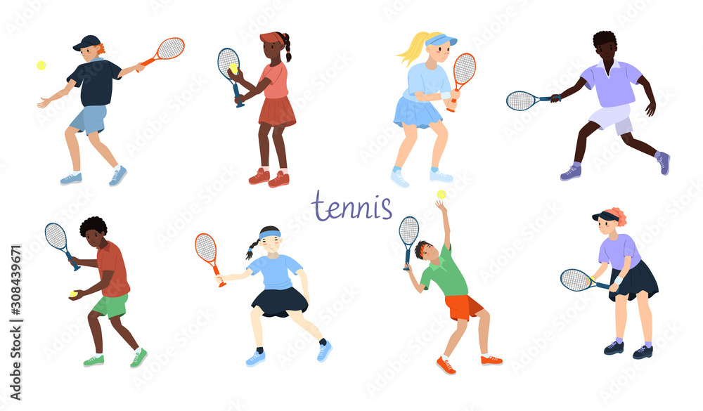 Set of tennis players isolated on a white background. Vector graphics.