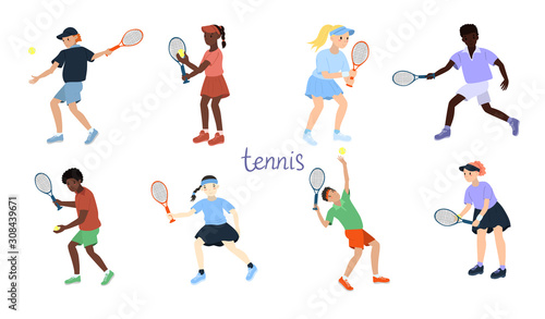 Set of tennis players isolated on a white background. Vector graphics.