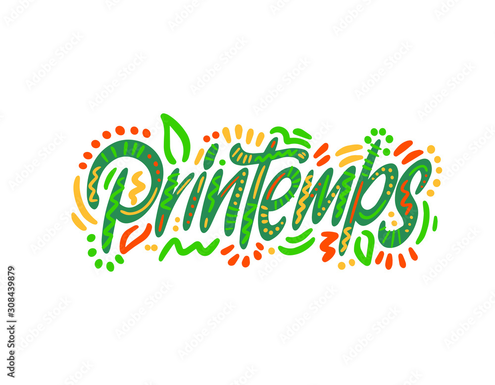 Printembs - Spring in French. Hand Lettering word. Handwritten modern brush typography sign. Greetings for icon, logo, badge, cards, poster, banner, tag. Colorful Vector illustration Printembs - Spring in French. Hand Lettering word. Handwritten modern brush typography sign. Greetings for icon, logo, badge, cards, poster, banner, tag. Colorful Vector illustration