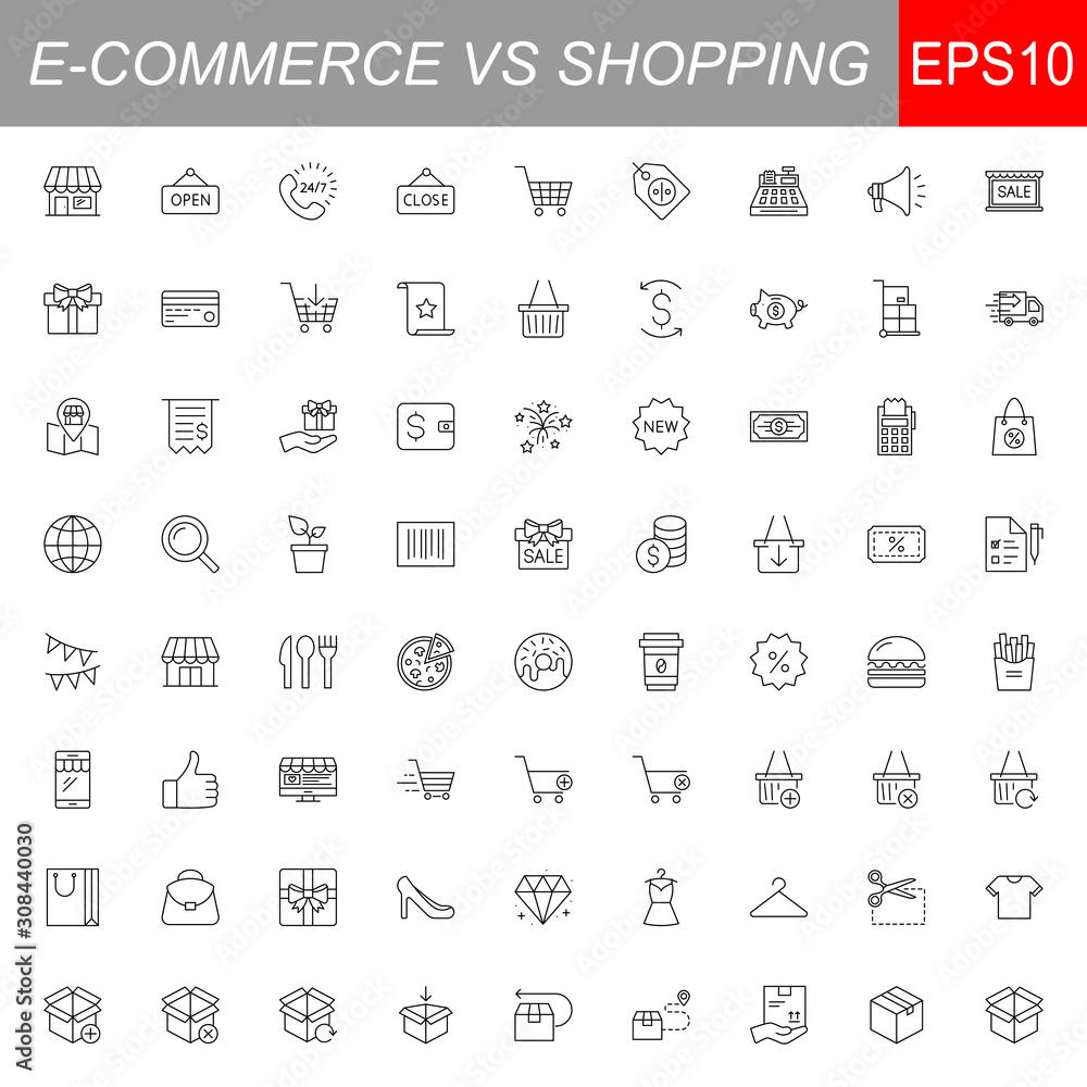 Fototapeta SHOPPING vs E-COMMERCE line thin icons set. Vector illustrations collection EPS10.