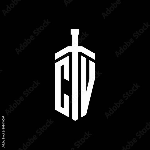 CV logo monogram with sword element ribbon design template