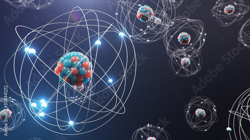 3D Illustration Atomic structure. Atom is the smallest level of matter that forms chemical elements. Glowing energy balls. Nuclear reaction. Concept nanotechnology. Neutrons and protons - nucleus. photo