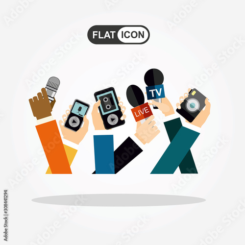 Journalism concept vector illustration in flat style.Vector live report concept, live news, hands of journalists with microphones, camera and tape recorders