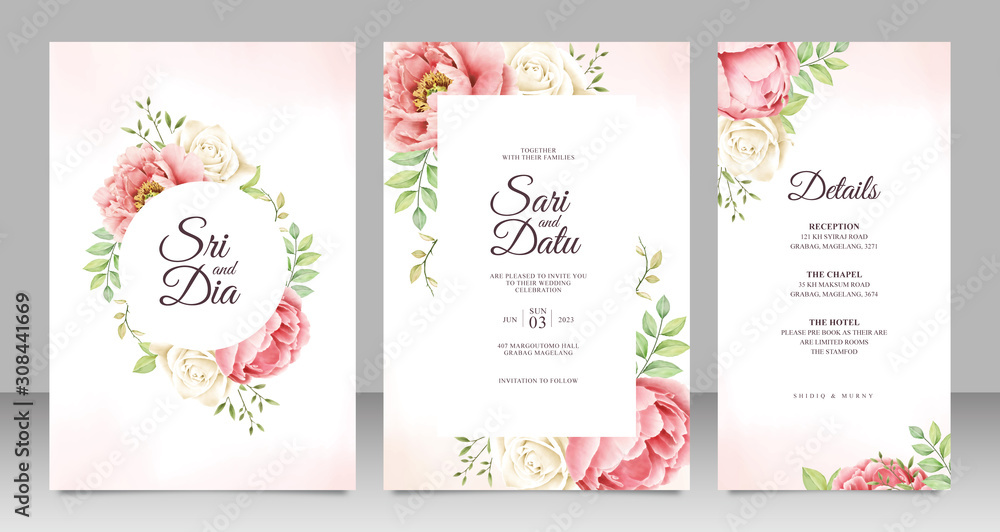 Wedding card set template with beautiful peony aquarel