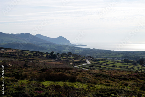 A view of beautiful countryside at the Llyn Peninsula in north west Wales. From the foothills of Snowdonia  a vista out the the Irish sea on a summers day.