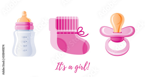 It s a girl newborn icon set. 3D Cartoon baby born pine symbol. Cute pacifier, milk bottle, shoes. Sweet vector illustration for baby shower design, gift card, child logo. Isolated on white It s a girl newborn icon set. 3D Cartoon baby born pine symbol. Cute pacifier, milk bottle, shoes. Sweet vector illustration for baby shower design, gift card, child logo. Isolated on white