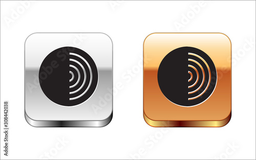 Black Earth structure icon isolated on white background. Geophysics concept with earth core and section layers earth. Silver-gold square button. Vector Illustration