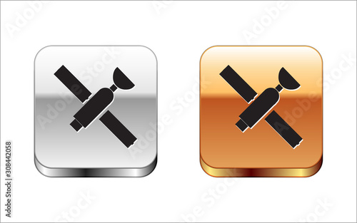 Black Satellite icon isolated on white background. Silver-gold square button. Vector Illustration