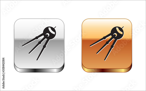 Black Satellite icon isolated on white background. Silver-gold square button. Vector Illustration