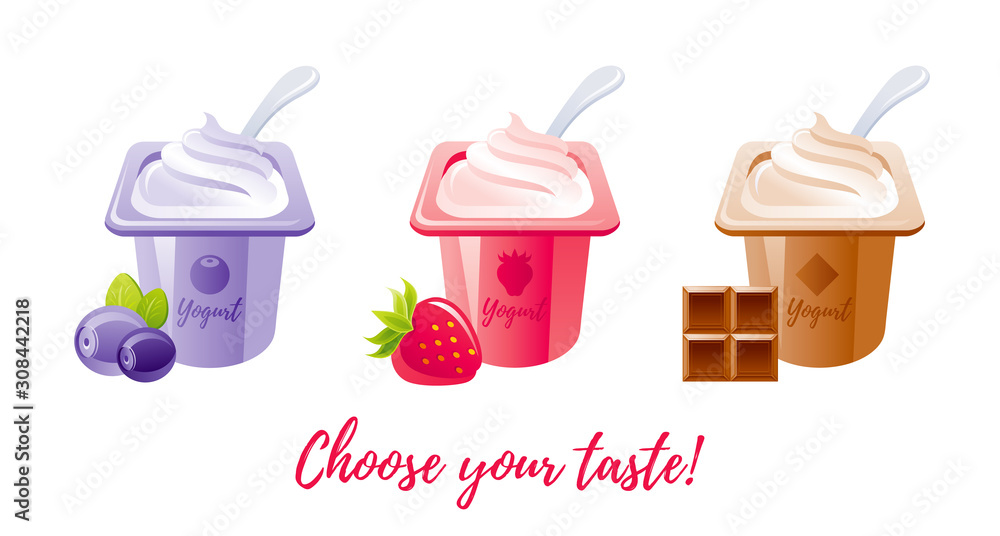 Vecteur Stock Yogurt food icon. Milk yoghurt. Cream dessert set. Cartoon  vector illustration. Sweet yougurt with blackberry, strawberry, chocolate  taste in plastic cup packaging. Isolated on white background | Adobe Stock