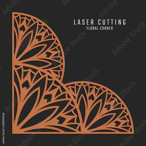 Laser cutting corner. Tapestry panel. Jigsaw die cut ornament. Lacy cutout silhouette stencil. Fretwork floral pattern. Vector template for paper cutting, metal and woodcut.