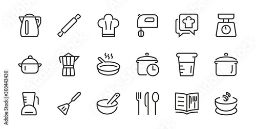 Set of icons for cooking and kitchen, vector lines, contains icons such as a knife, saucepan, boiling time, mixer, scales, recipe book. Editable stroke, perfect 48x48 pixels, white background.