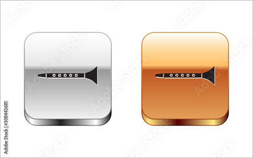Black Clarinet icon isolated on white background. Musical instrument. Silver-gold square button. Vector Illustration