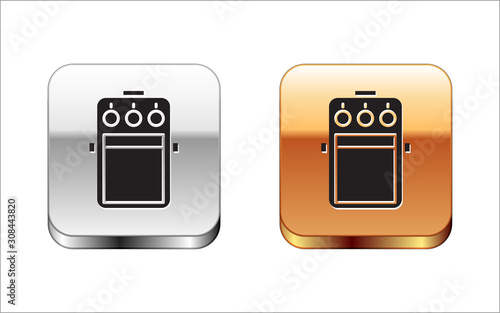 Black Guitar pedal icon isolated on white background. Musical equipment. Silver-gold square button. Vector Illustration