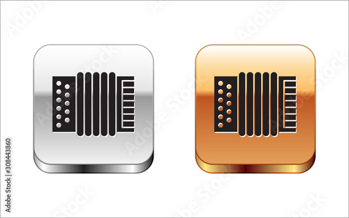 Black Musical instrument accordion icon isolated on white background. Classical bayan, harmonic. Silver-gold square button. Vector Illustration