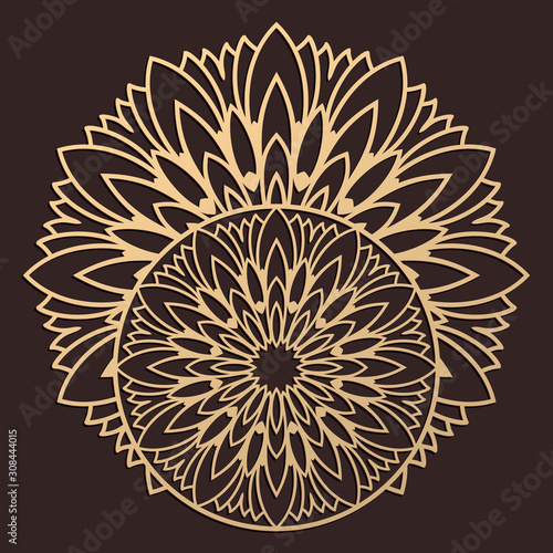 Laser cutting mandala. Wooden decal. Boho concept. Golden floral pattern. Thailand silhouette ornament. Vector coaster lasercut design.
