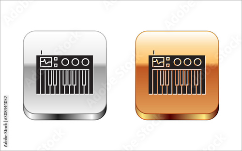 Black Music synthesizer icon isolated on white background. Electronic piano. Silver-gold square button. Vector Illustration