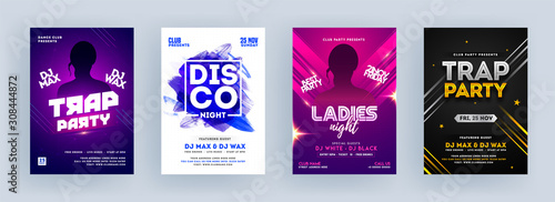 Trap Party, Disco Night and Ladies Night Party Flyer Design in Four Color Background.